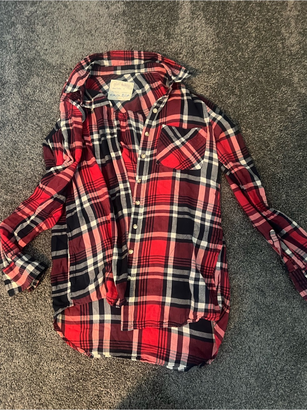 girl krazy Red White and blue Plaid Button-Down Shirt